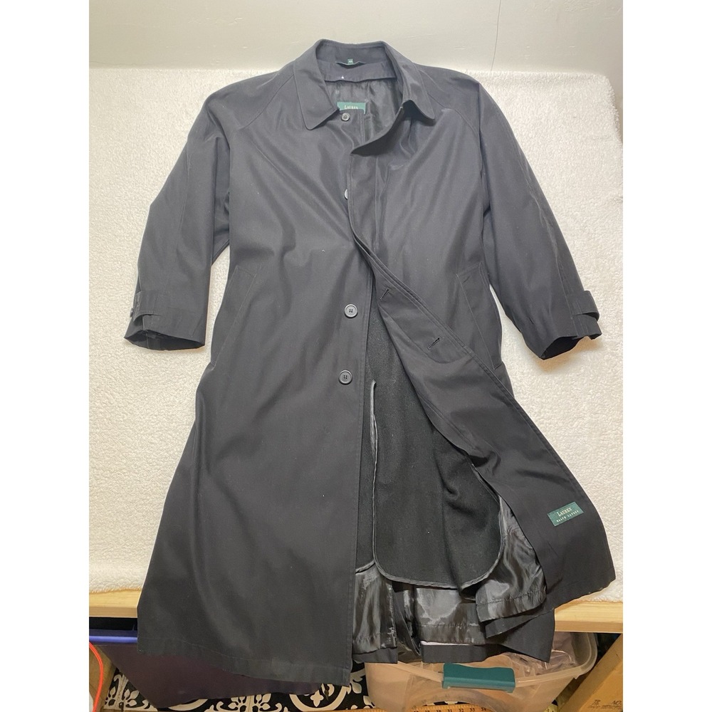 Men's Lauren Ralph Lauren Black Duster/ Trench Coat Size 46R Dry Cleaned